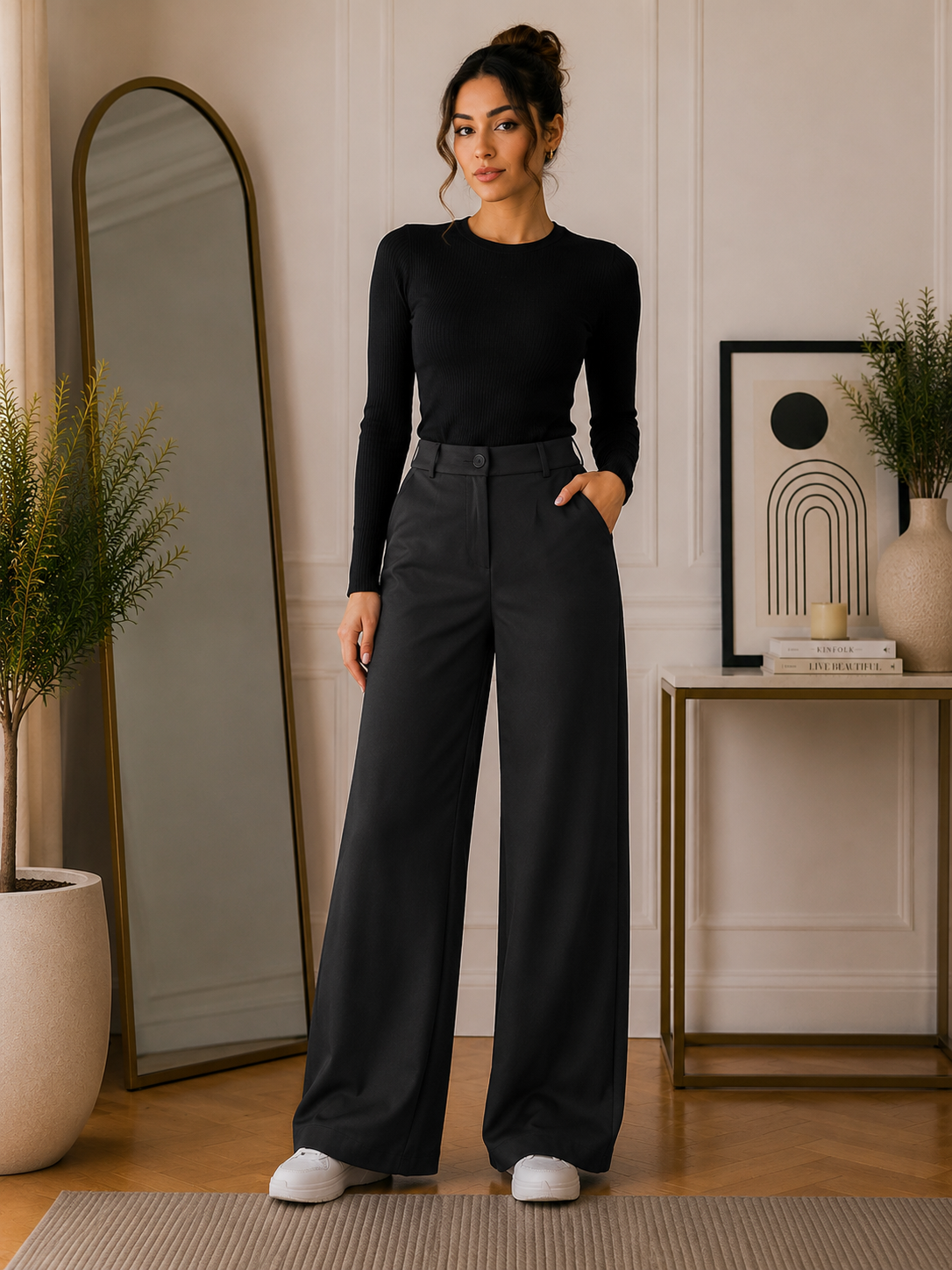 Women’s Black Wide Leg Crepe Pants