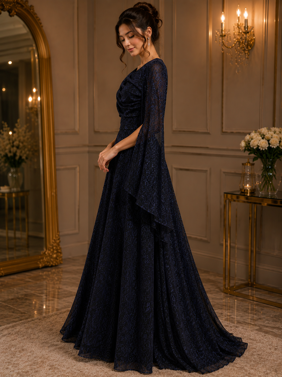 Navy Shimmer Evening Dress with Open Sleeves | Basma Styles
