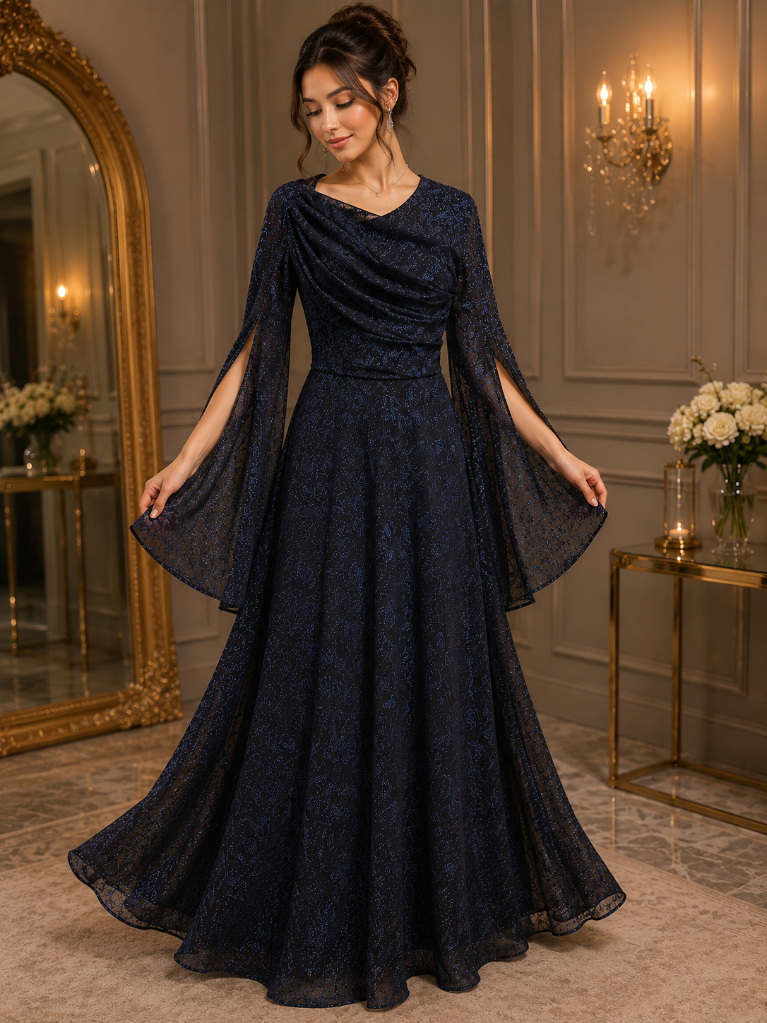 Navy Shimmer Evening Dress with Open Sleeves | Basma Styles