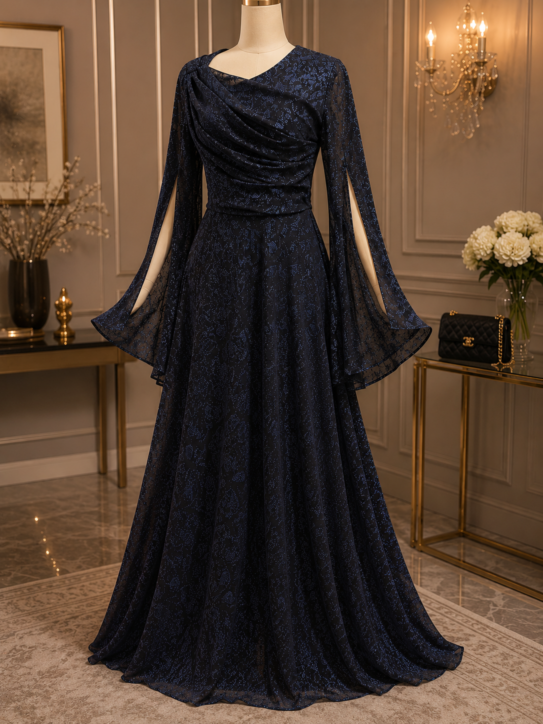 Navy Shimmer Evening Dress with Open Sleeves | Basma Styles