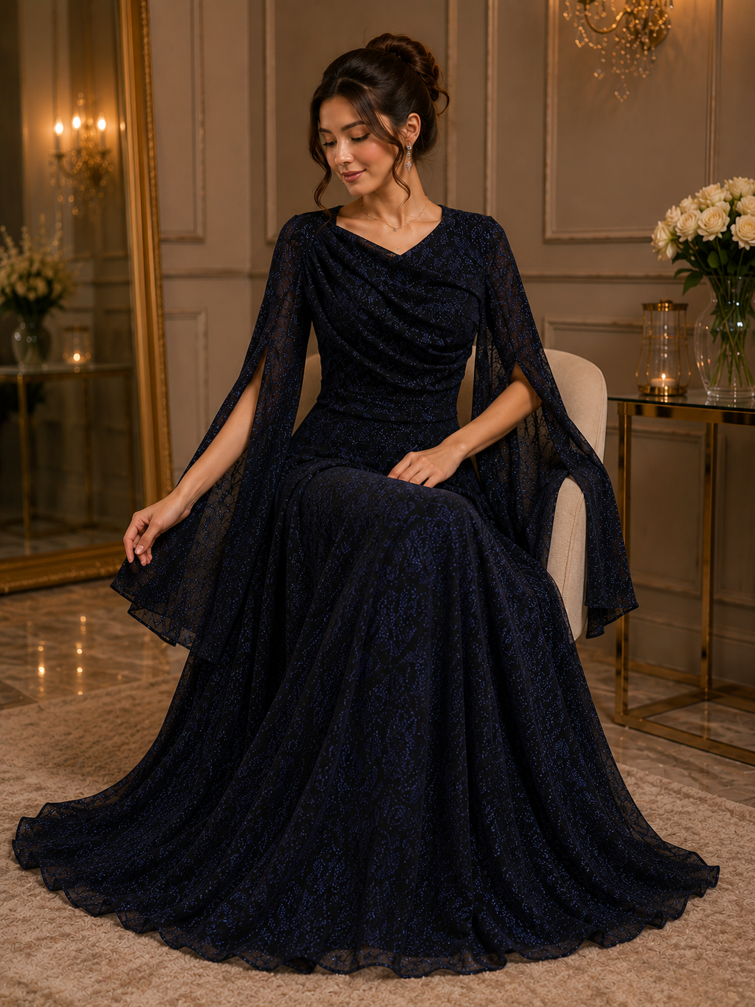 Navy Shimmer Evening Dress with Open Sleeves | Basma Styles