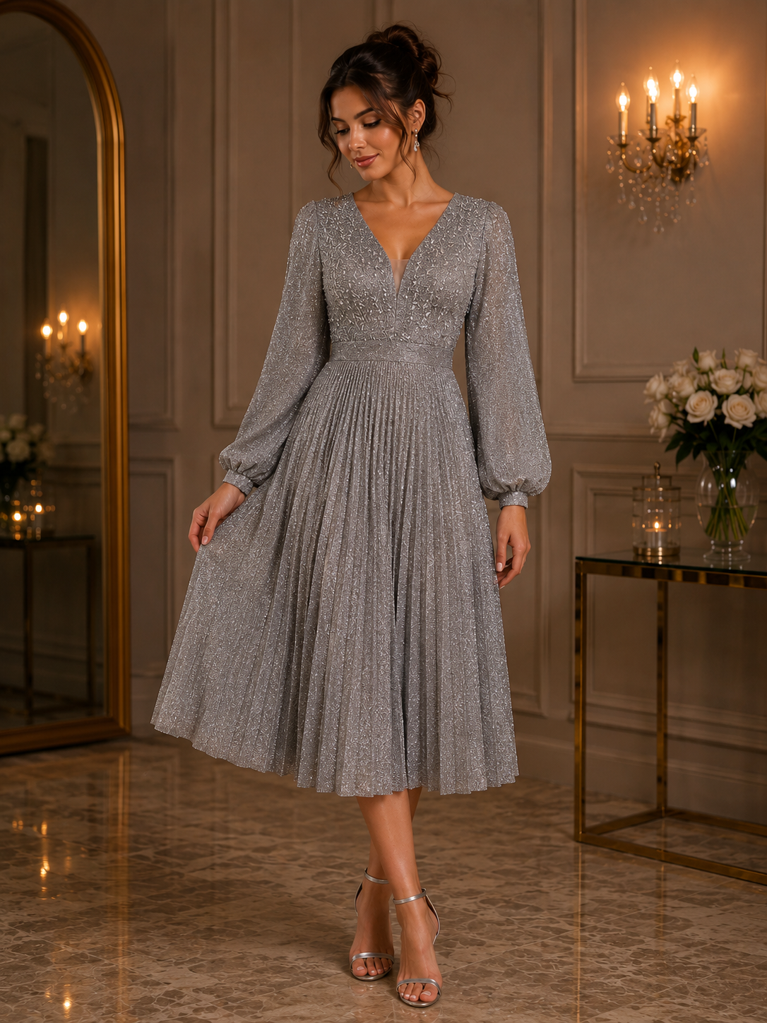 Silver Shimmer Pleated Midi Dress | Elegant Evening Wear
