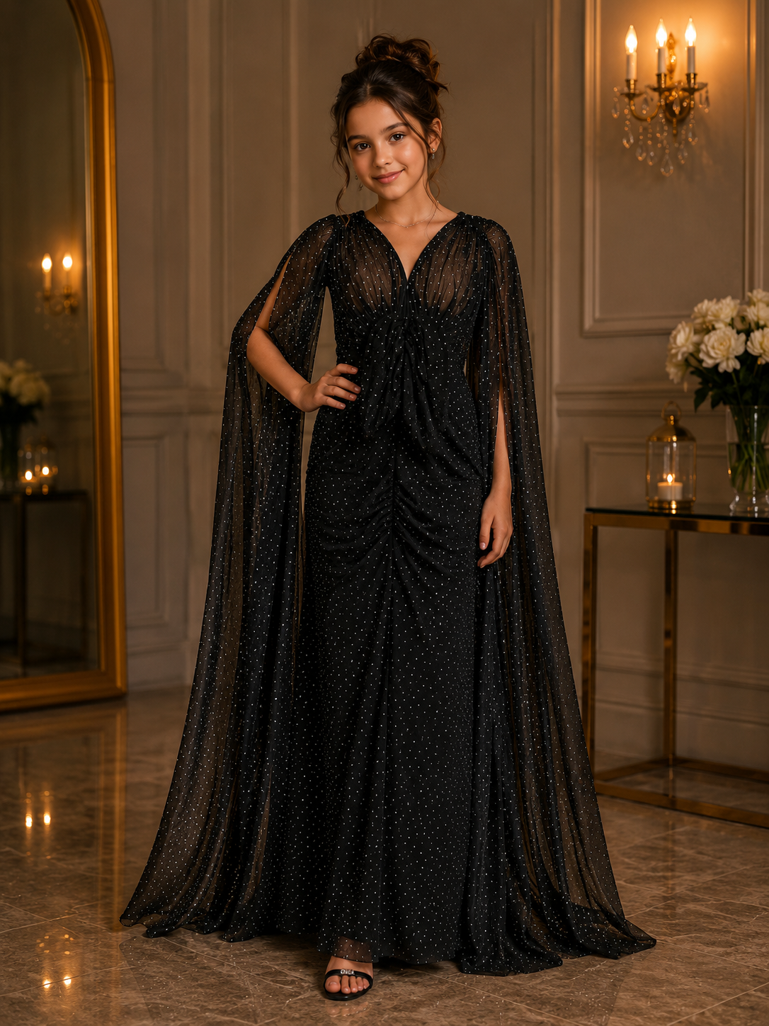 Black Crystal Embellished Evening Dress with Open Cape Sleeves | Basma Styles