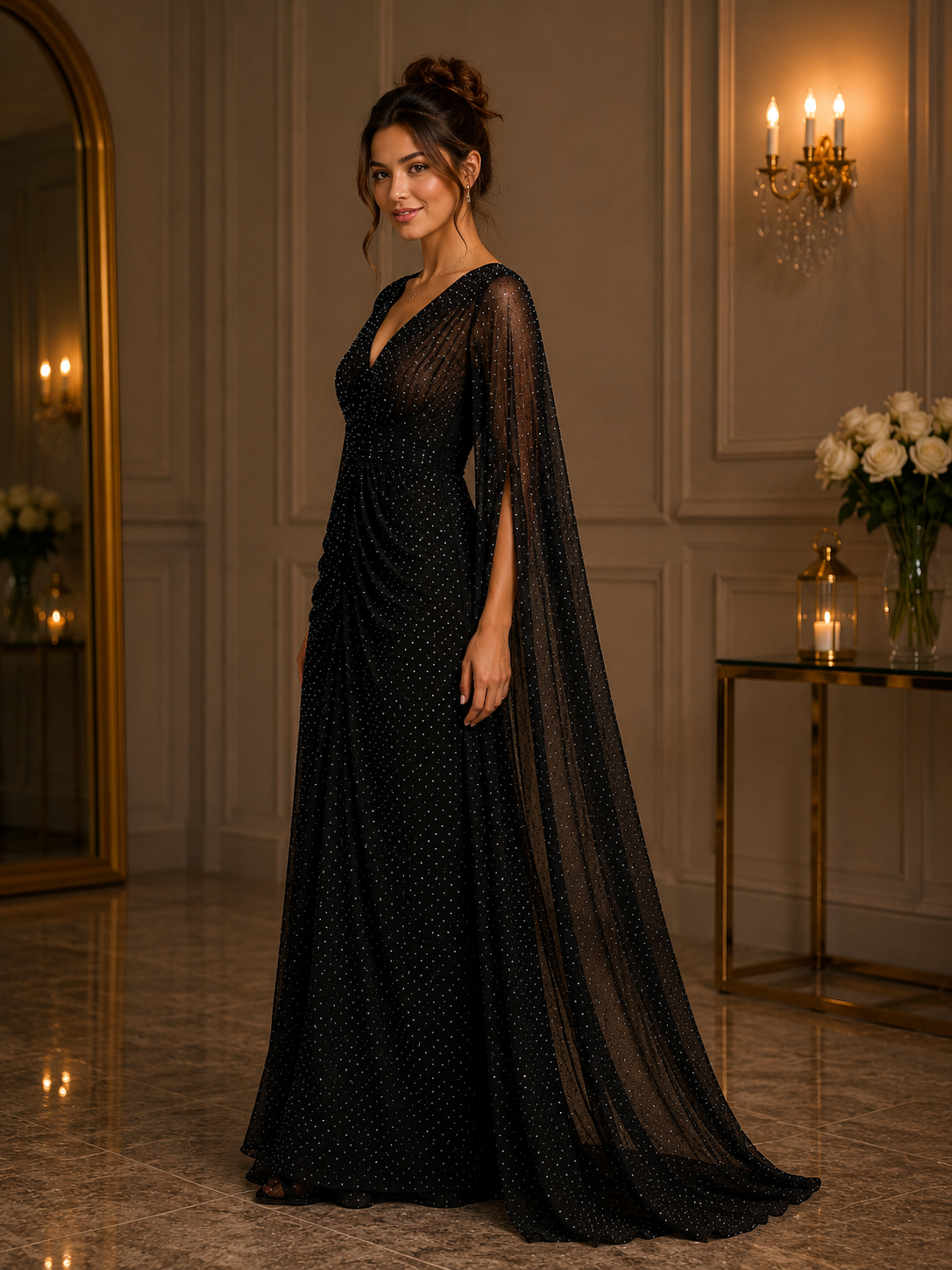 Black Crystal Embellished Evening Dress with Open Cape Sleeves | Basma Styles