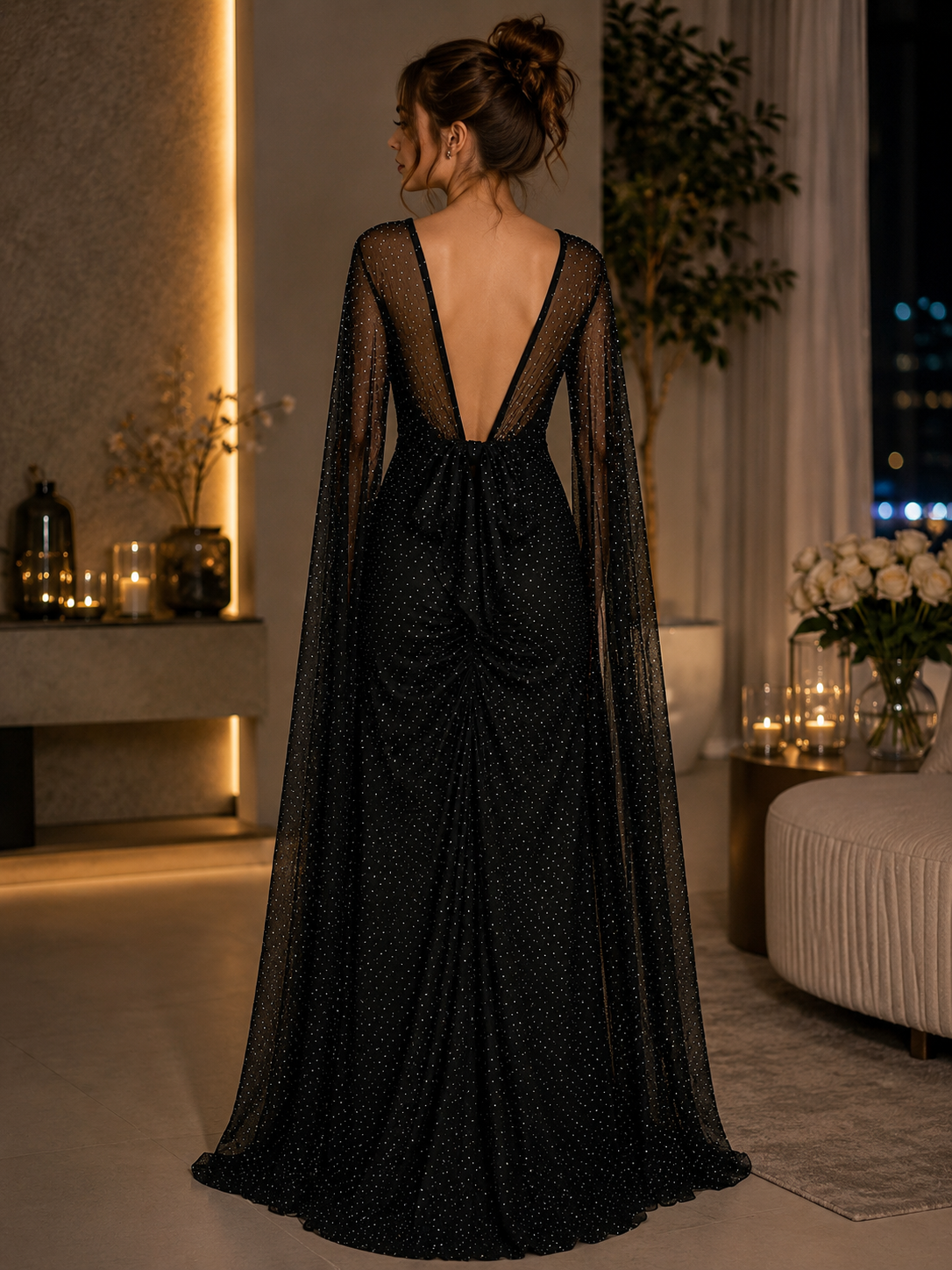 Black Crystal Embellished Evening Dress with Open Cape Sleeves | Basma Styles