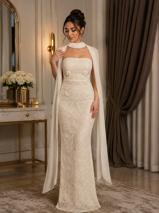 Elegant Ivory Lace Strapless Evening Dress