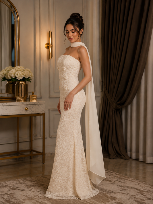 Elegant Ivory Lace Strapless Evening Dress