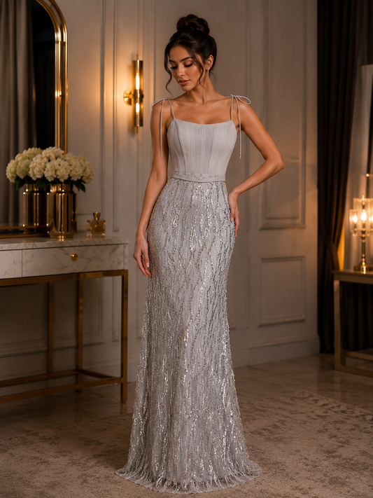 Silver Sequin Evening Dress for Women | Elegant Formal Gown