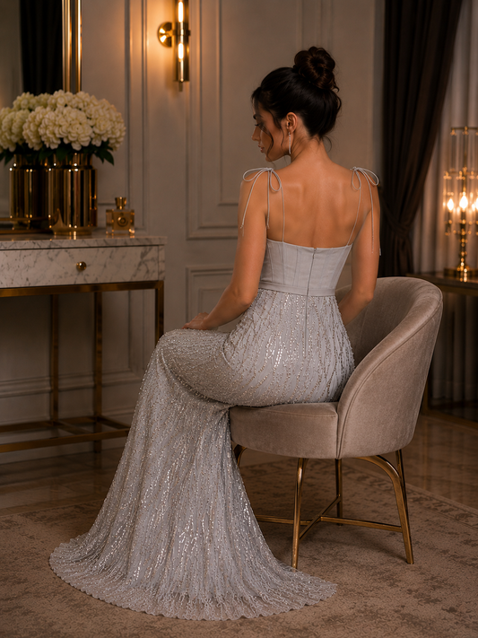 Silver Sequin Evening Dress for Women | Elegant Formal Gown