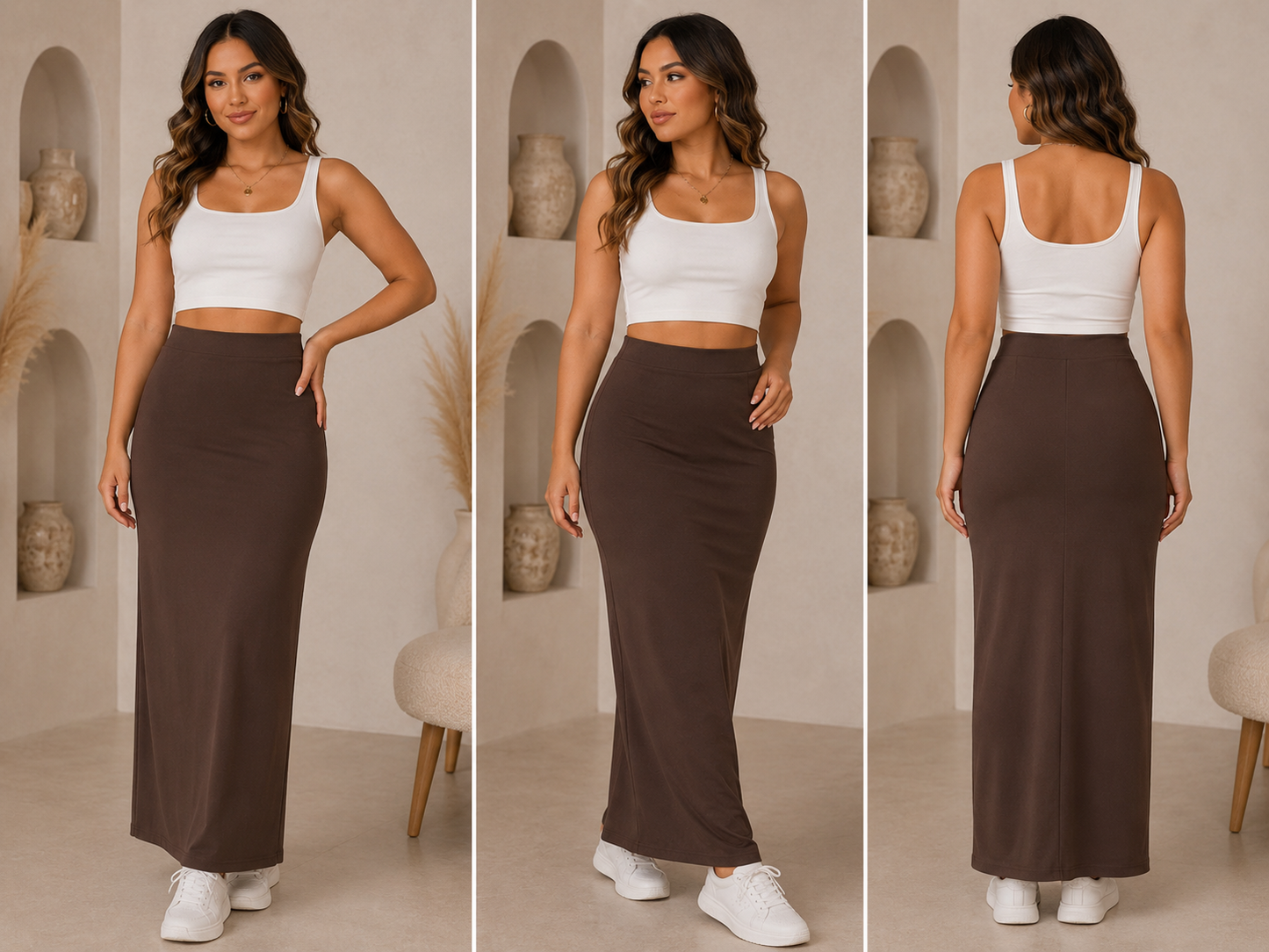 Brown High Waist Lycra Maxi Skirt for Women