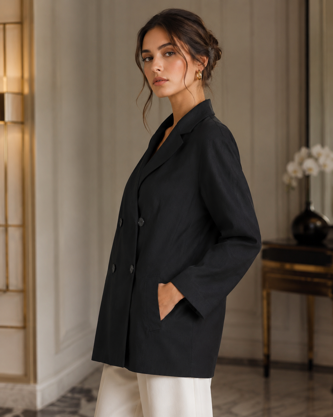 Black Women’s Double Breasted Blazer with Side Pockets