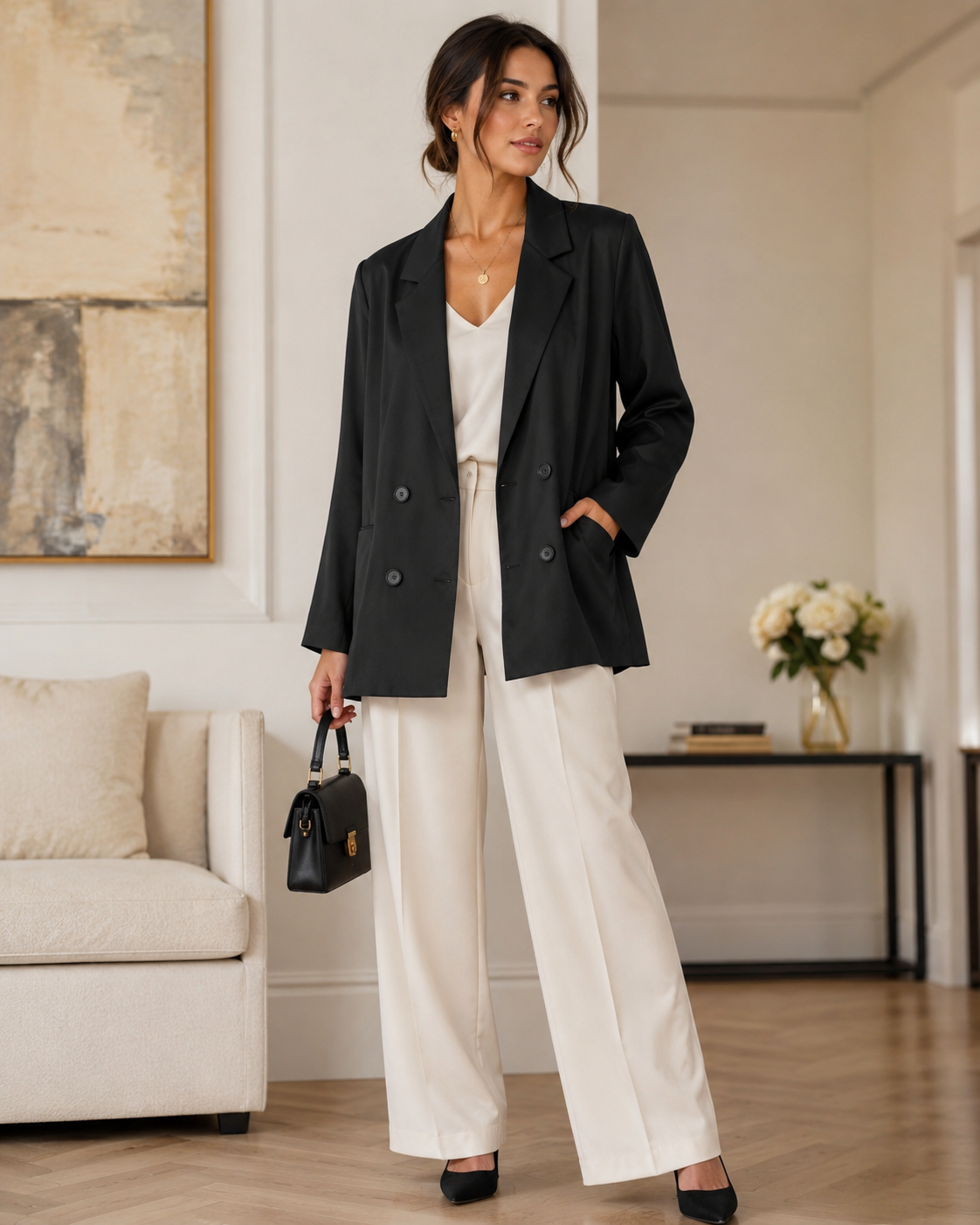 Black Women’s Double Breasted Blazer with Side Pockets