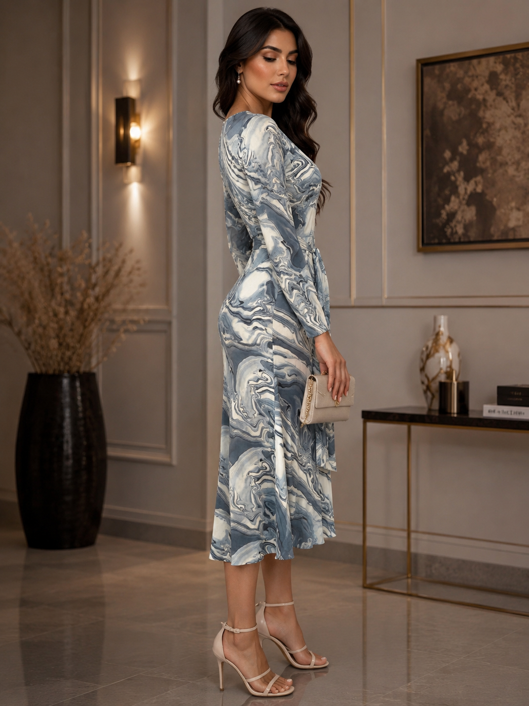 Elegant Blue Marble Chiffon Midi Dress | Basma Styles