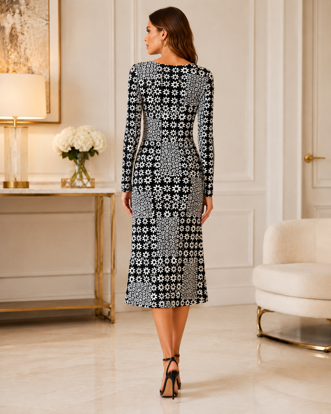 Black & White Floral Lycra Midi Dress | Basma Styles