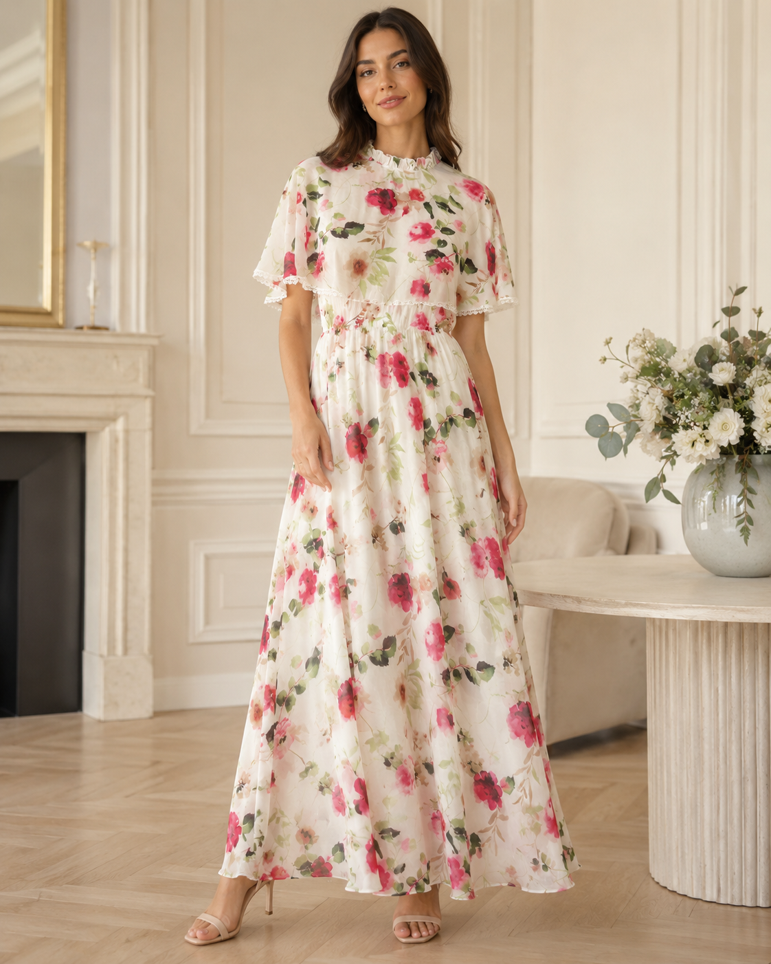 Floral Chiffon Cape Maxi Dress | Basma Styles