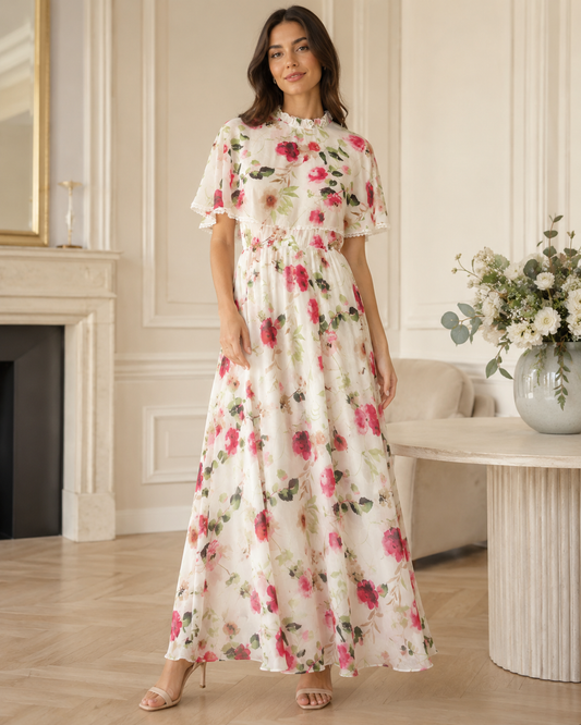 Floral Chiffon Cape Maxi Dress