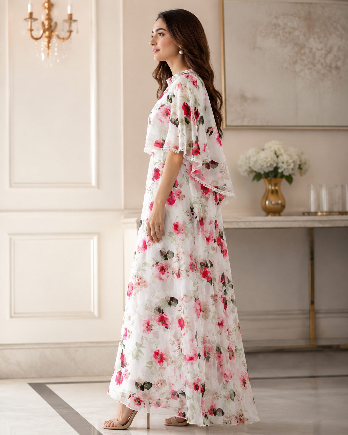 Floral Chiffon Cape Maxi Dress | Basma Styles