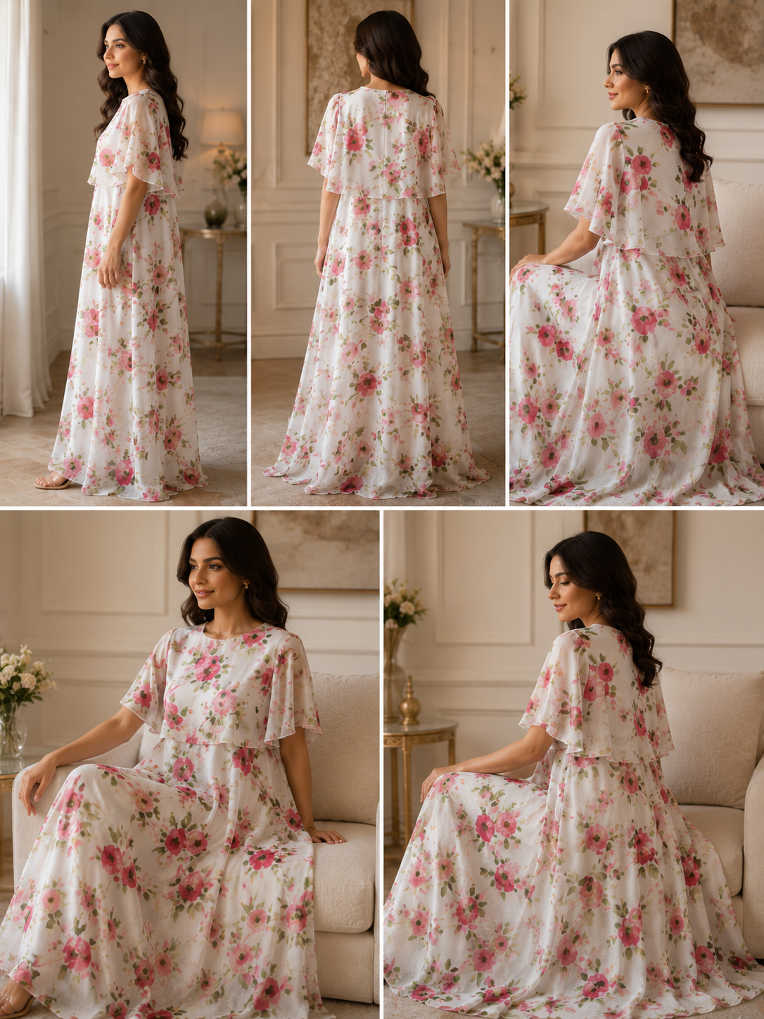 Floral Chiffon Cape Maxi Dress | Basma Styles