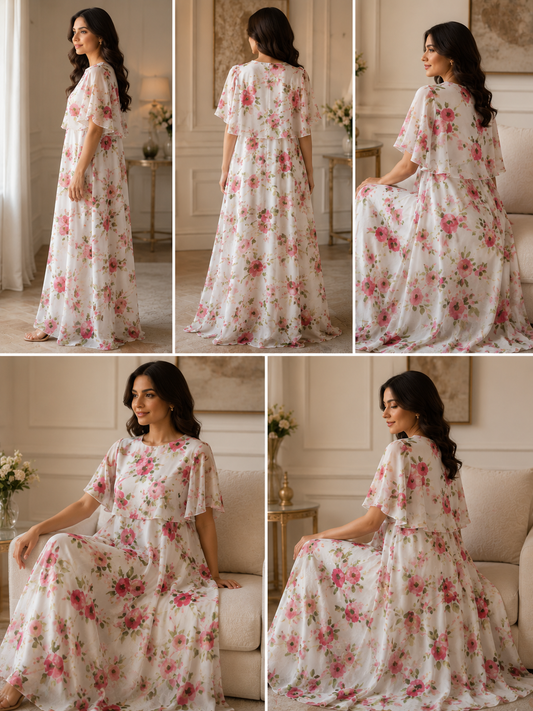 Floral Chiffon Cape Maxi Dress