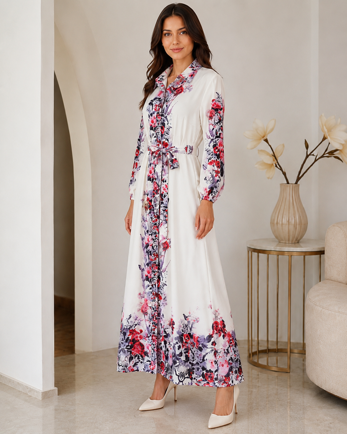 Elegant White Floral Shirt Maxi Dress | Basma Styles
