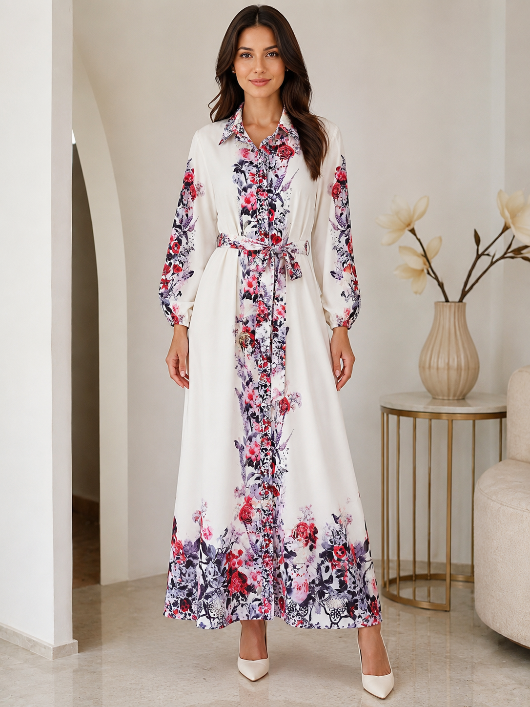 Elegant White Floral Shirt Maxi Dress | Basma Styles
