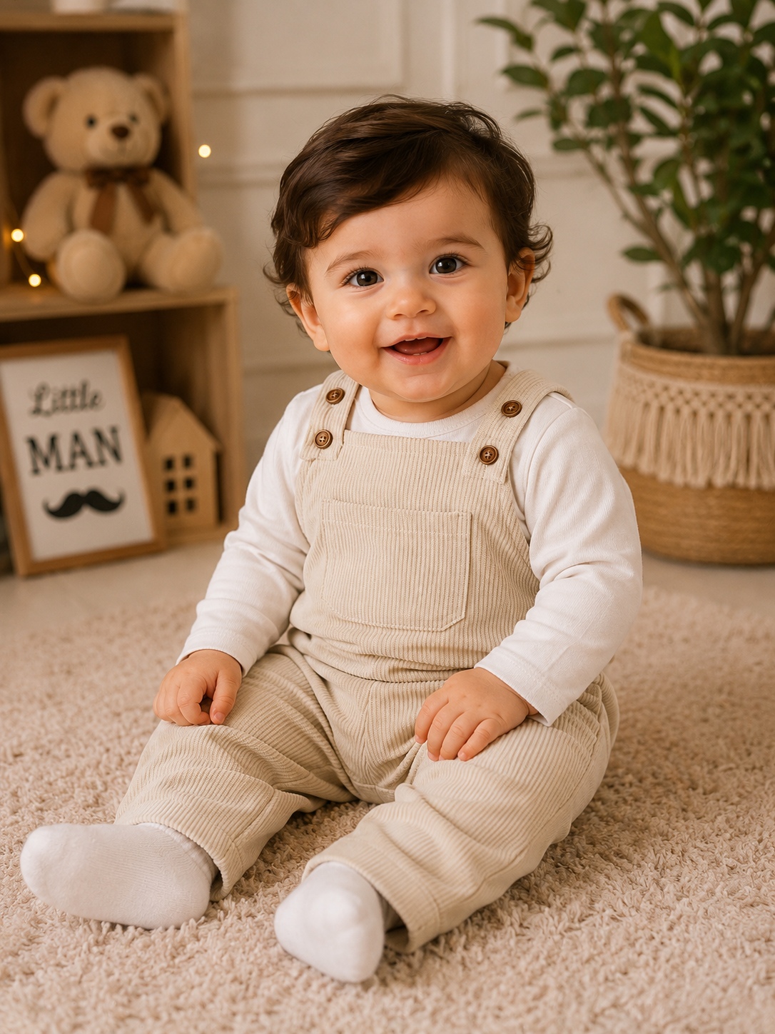Baby Boy Beige Corduroy Salopette 1 Year