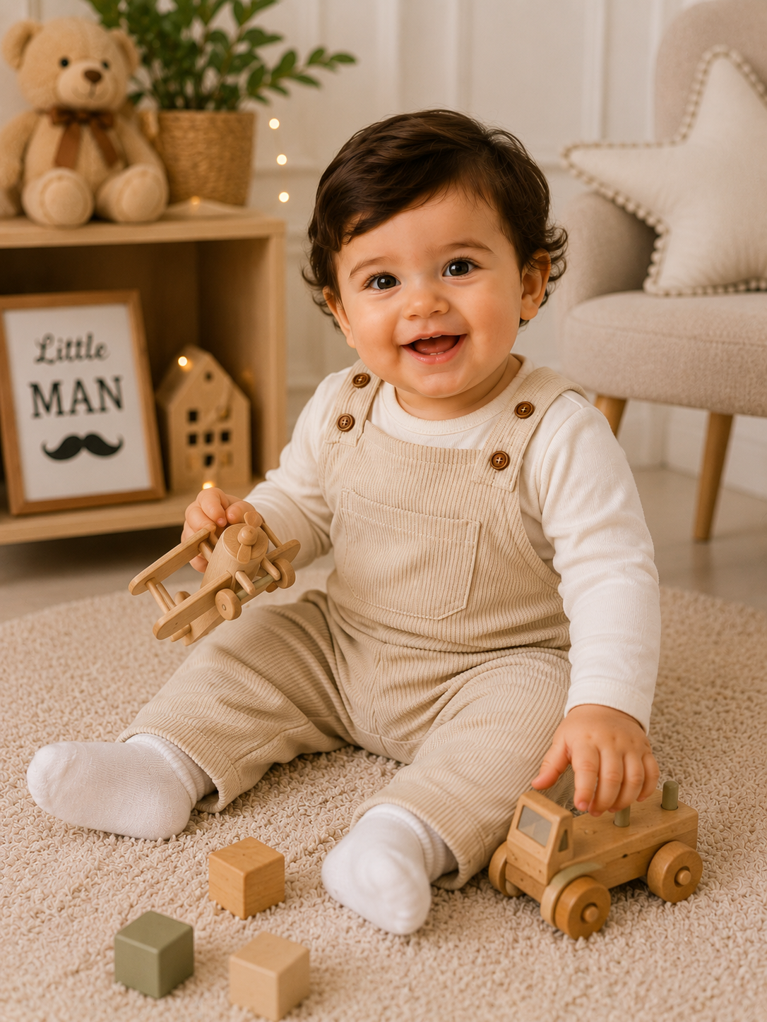 Baby Boy Beige Corduroy Salopette 1 Year