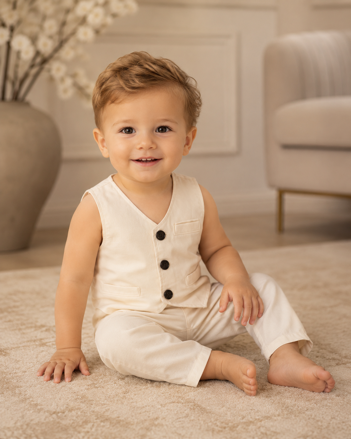 Baby Boy Cream Vest Set 1 Year