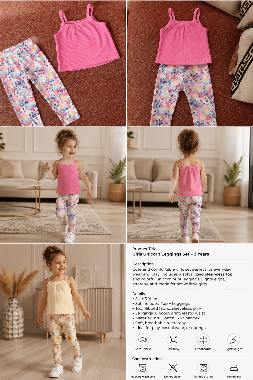 Girls Pink Unicorn Leggings Set 3 Years