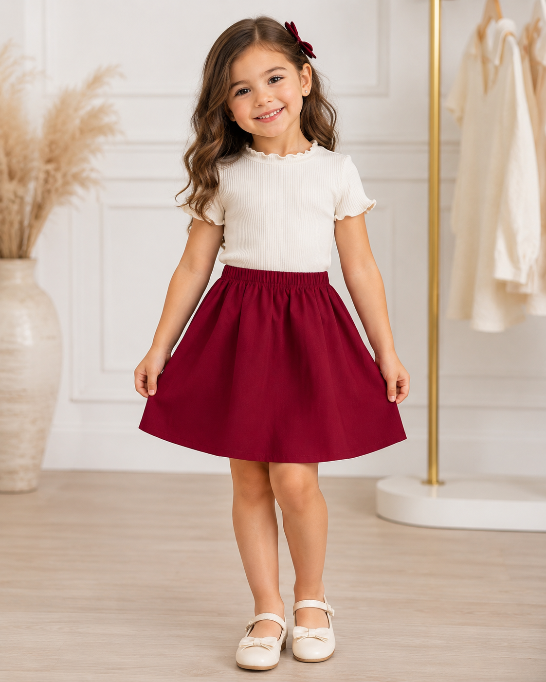 Girls Cream Top & Burgundy Chiffon Skirt Set 5 Years