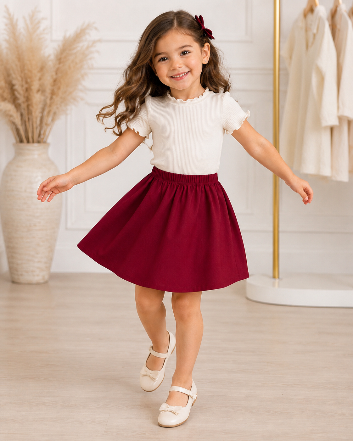Girls Cream Top & Burgundy Chiffon Skirt Set 5 Years