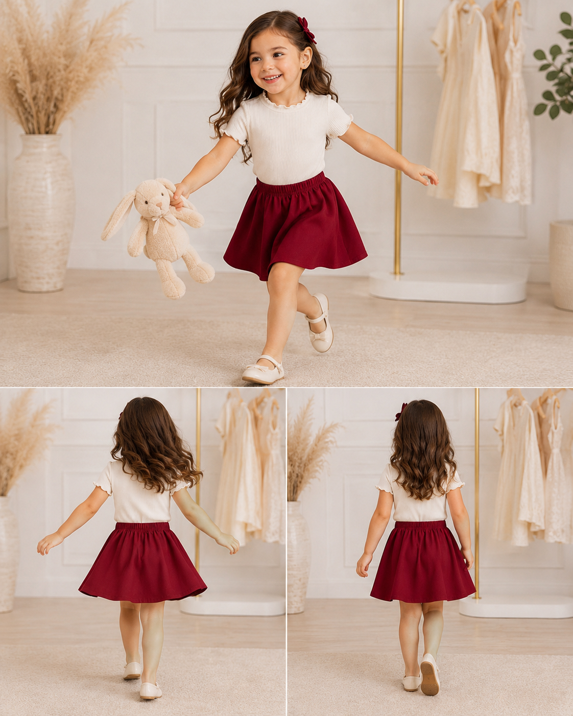 Girls Cream Top & Burgundy Chiffon Skirt Set 5 Years