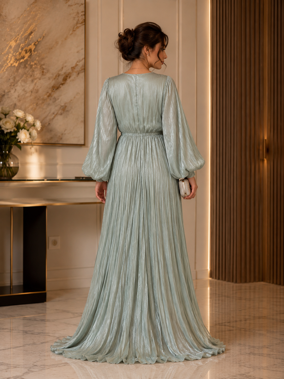 Sage Green Pleated Maxi Dress | Basma Styles UAE
