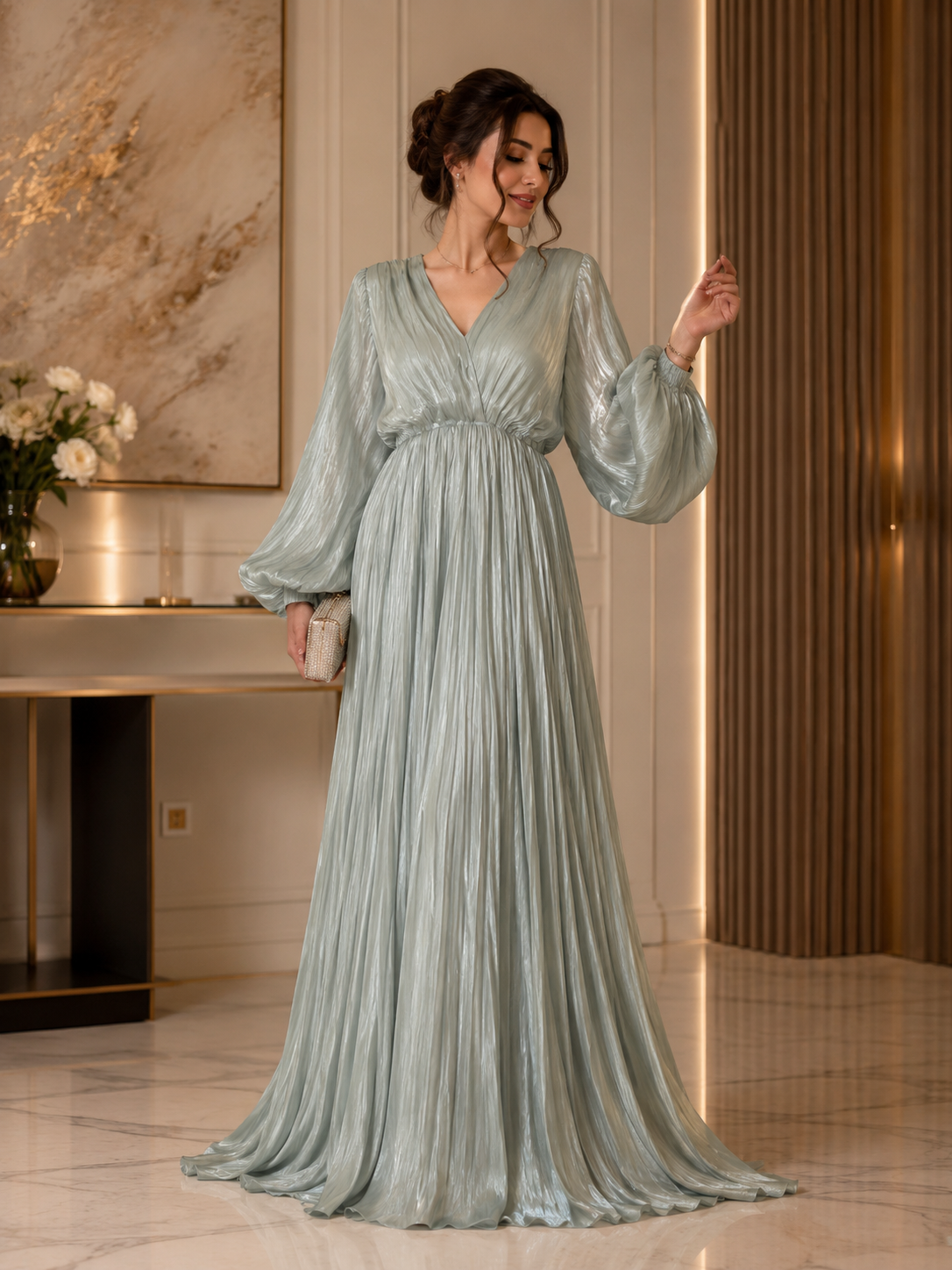 Sage Green Pleated Maxi Dress | Basma Styles UAE