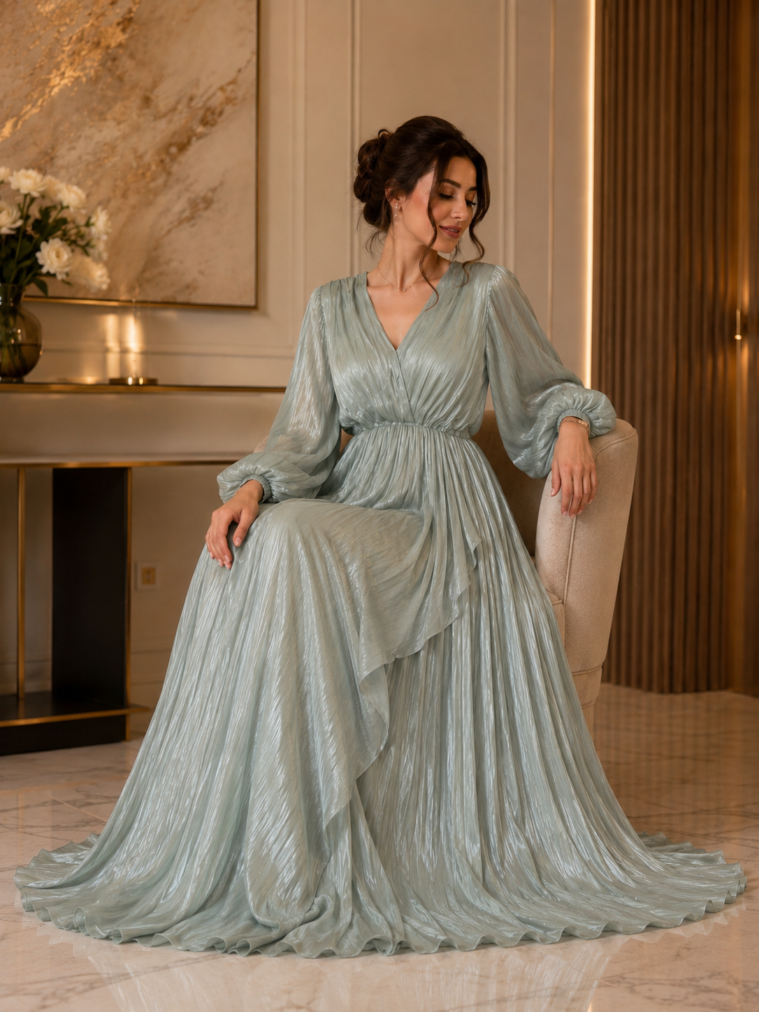 Sage Green Pleated Maxi Dress | Basma Styles UAE