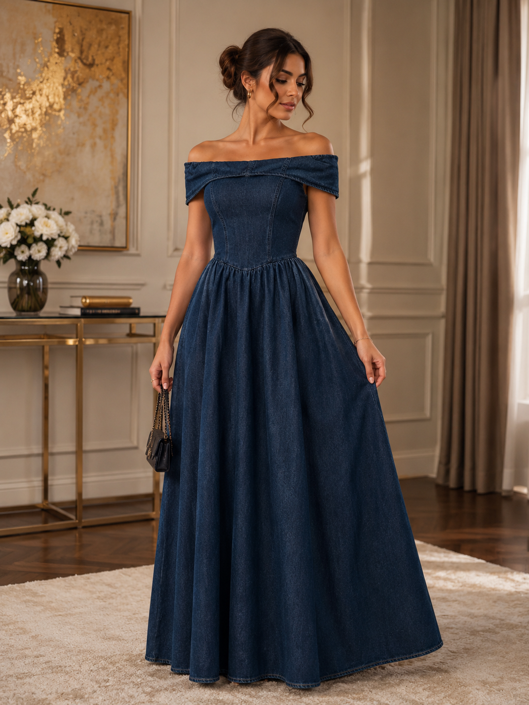 Off-Shoulder Denim Maxi Dress | Elegant Denim Dress | Basma Styles