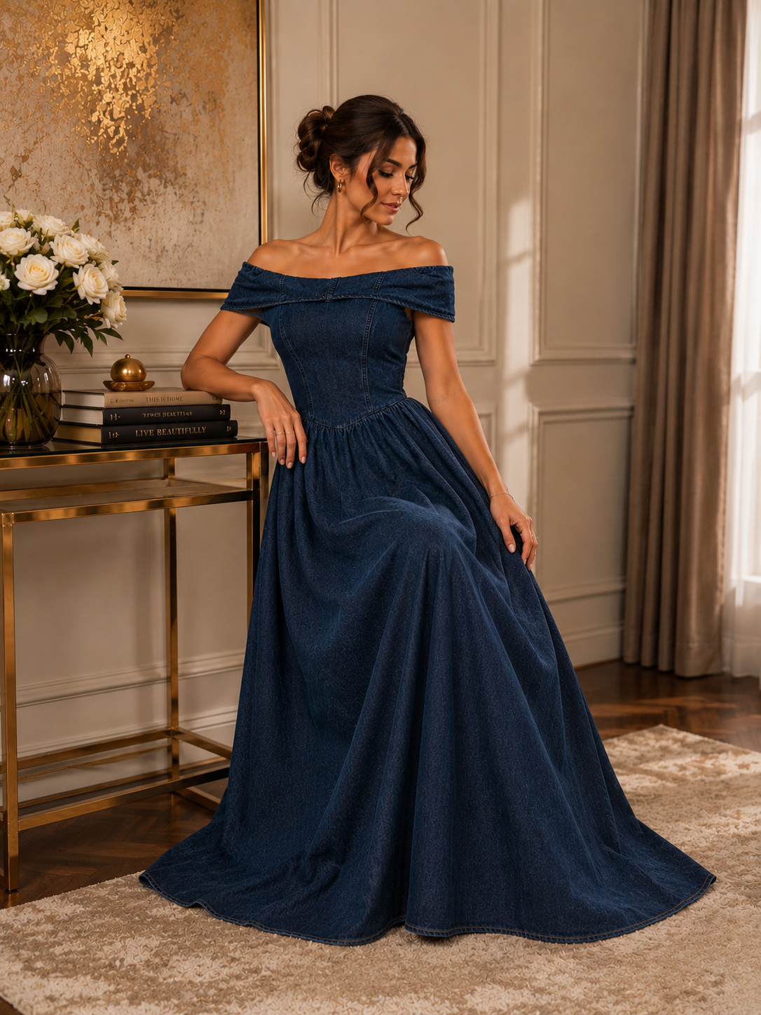 Off-Shoulder Denim Maxi Dress | Elegant Denim Dress | Basma Styles