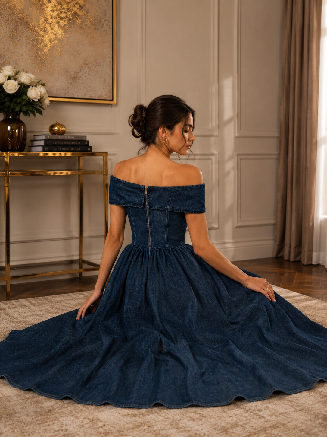 Off-Shoulder Denim Maxi Dress | Elegant Denim Dress | Basma Styles