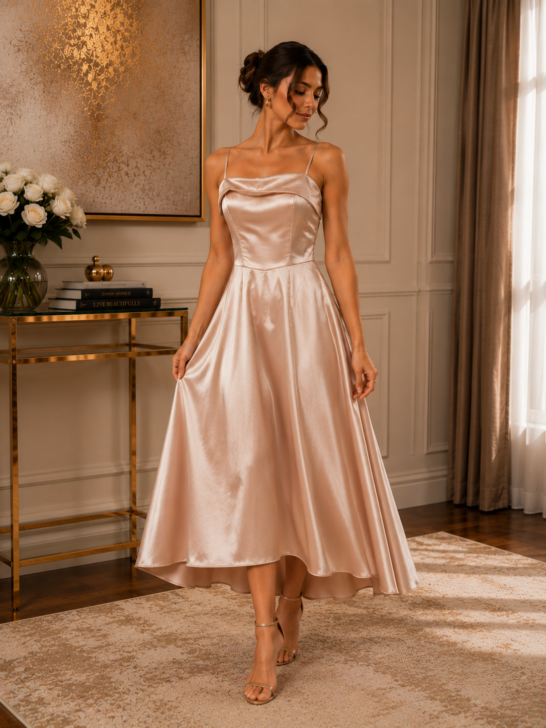 Champagne Satin Midi Dress | Elegant Women’s Party Dress | Basma Styles
