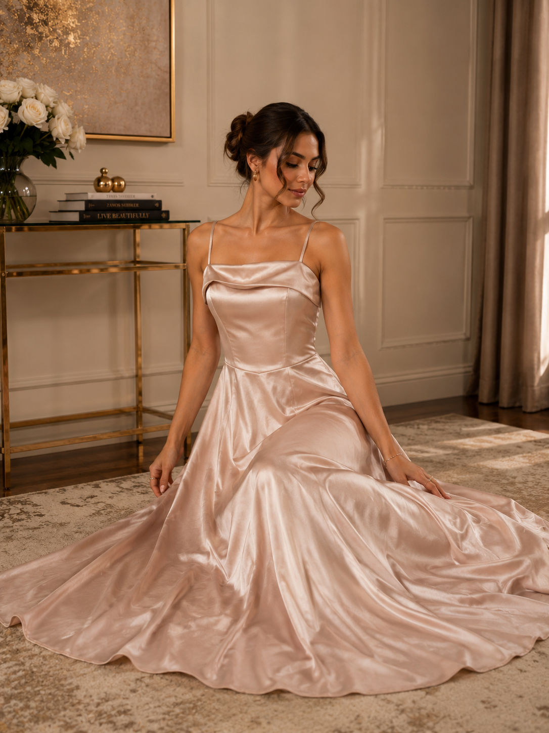 Champagne Satin Midi Dress | Elegant Women’s Party Dress | Basma Styles