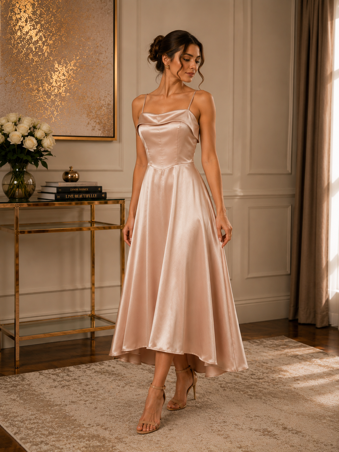 Champagne Satin Midi Dress | Elegant Women’s Party Dress | Basma Styles