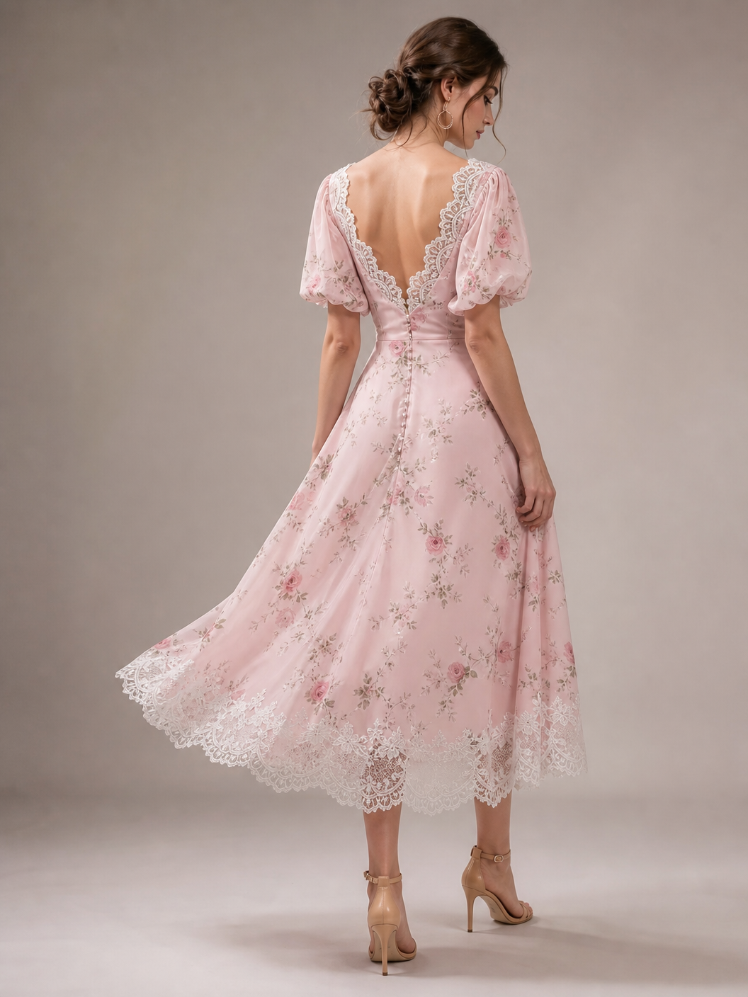 Romantic Floral Pink Midi Dress with Delicate White Lace Trim