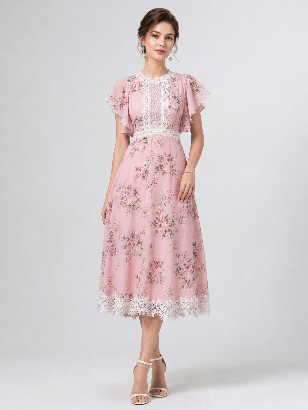 Romantic Floral Pink Midi Dress with Delicate White Lace Trim