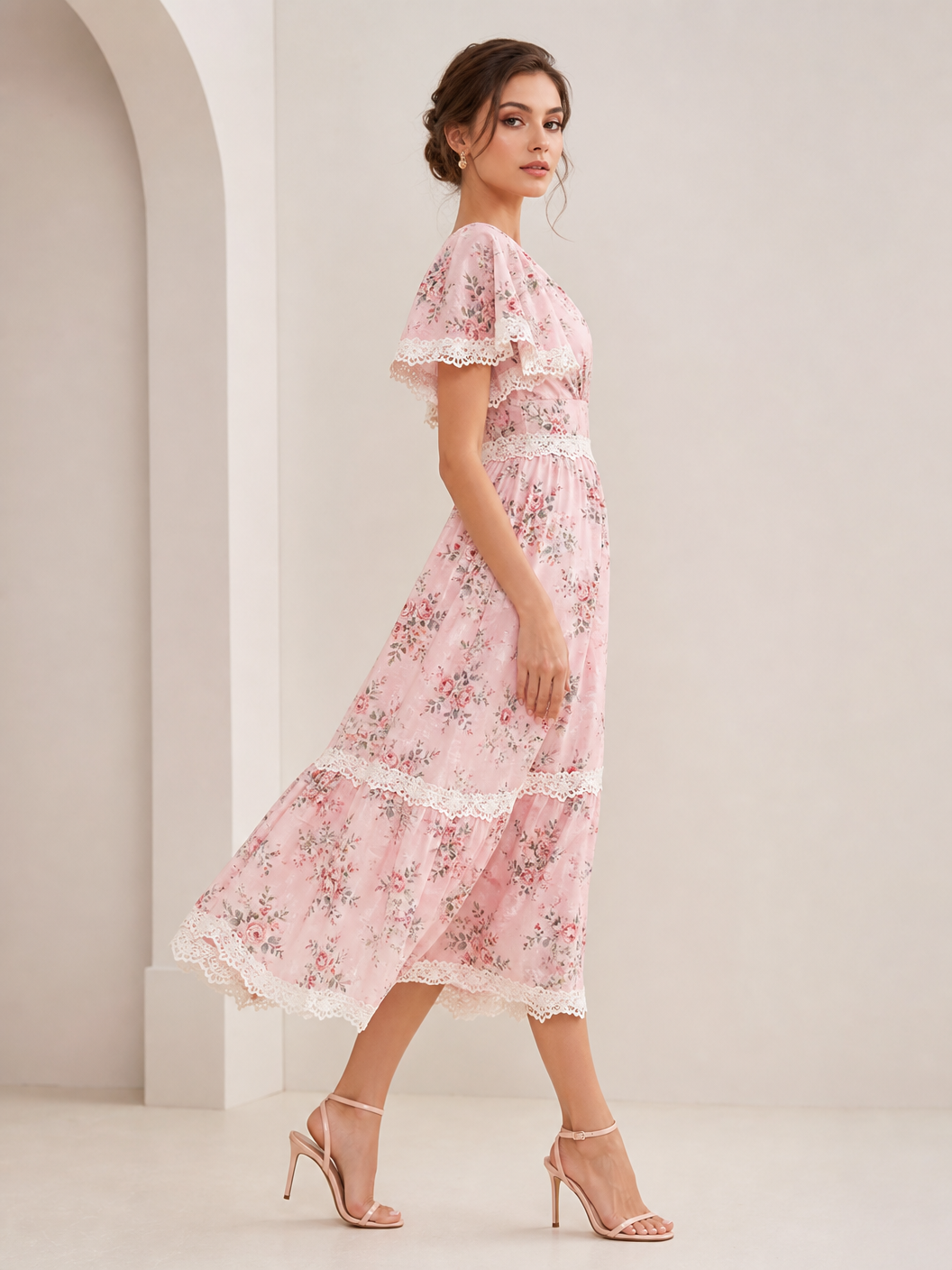 Romantic Floral Pink Midi Dress with Delicate White Lace Trim