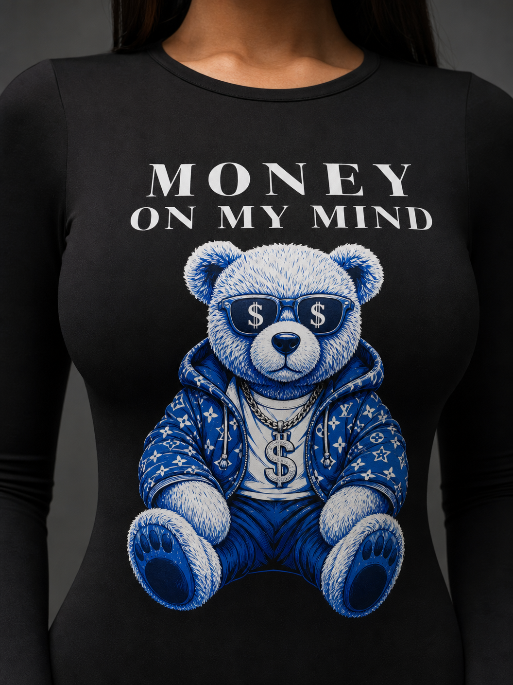 Elegant Black 'Money On My Mind' Graphic Bodysuit