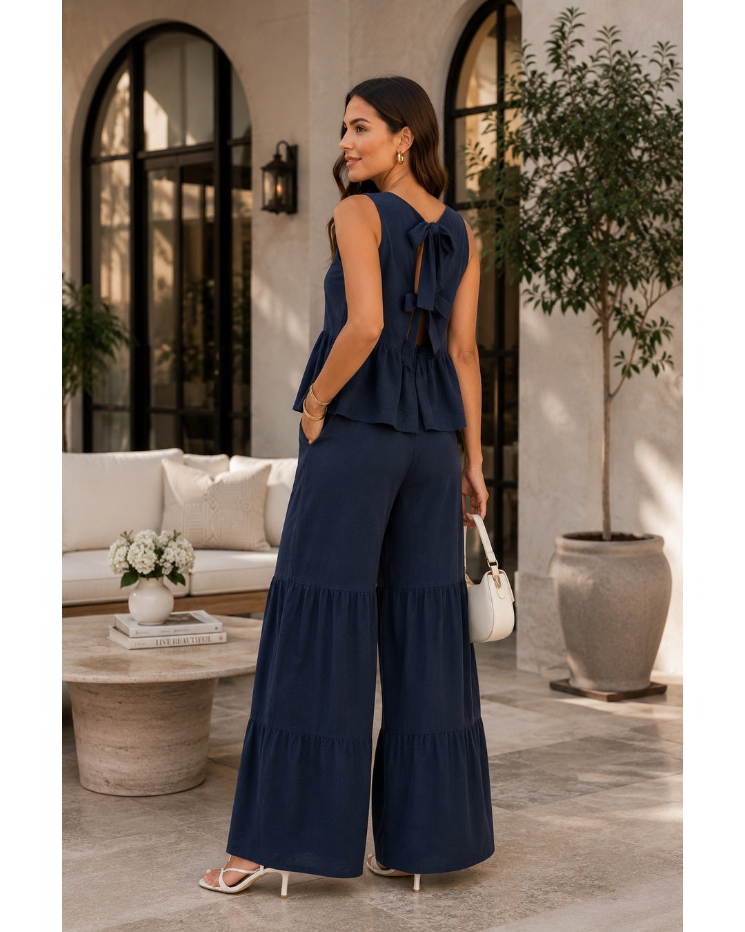 Women's Elegant Sleeveless Peplum Top And Wide Leg Pants Set