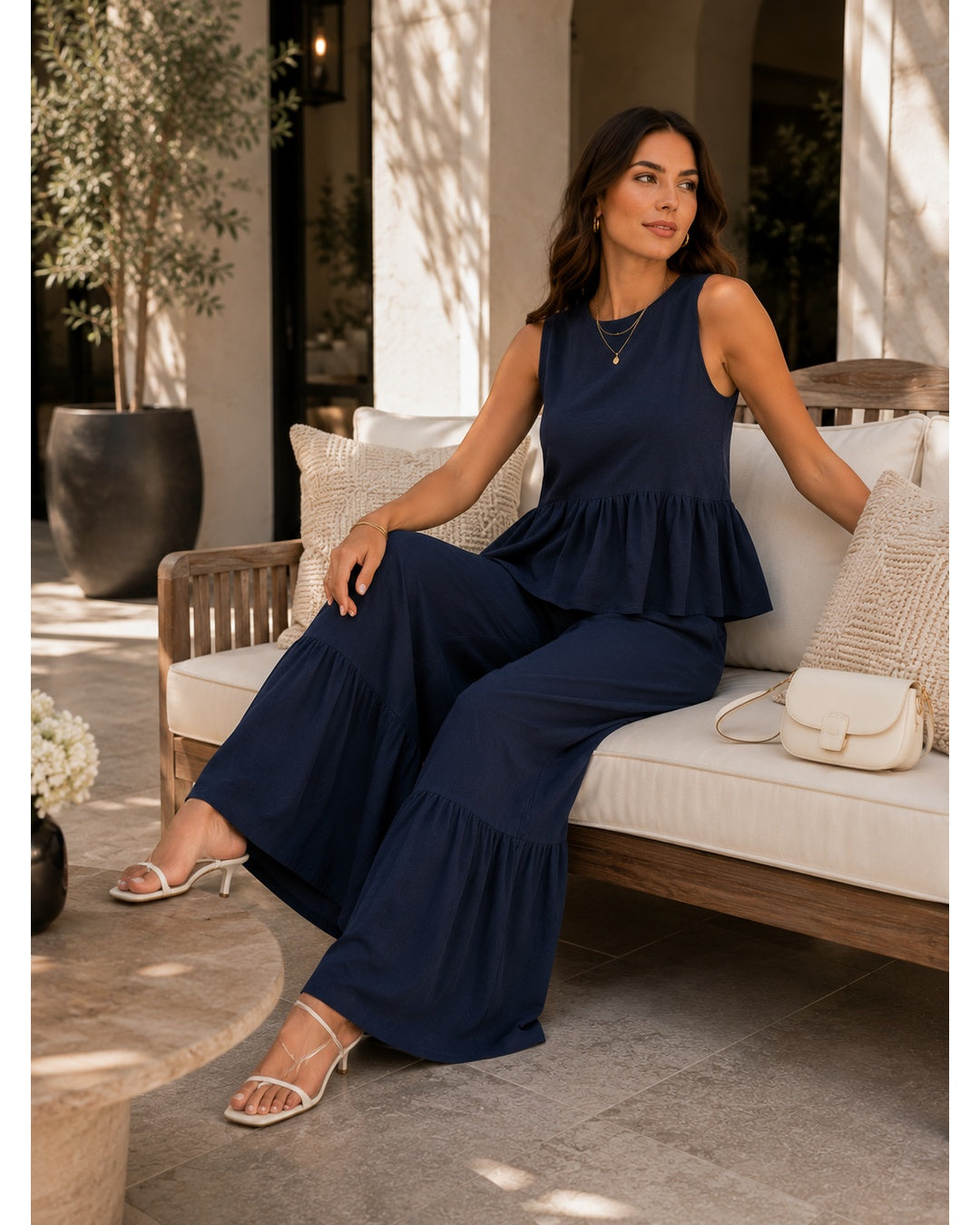 Women's Elegant Sleeveless Peplum Top And Wide Leg Pants Set