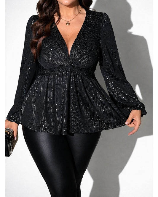 Women's SHEIN Unity Plus Size Glitter V-Neck Twist Front Blouse