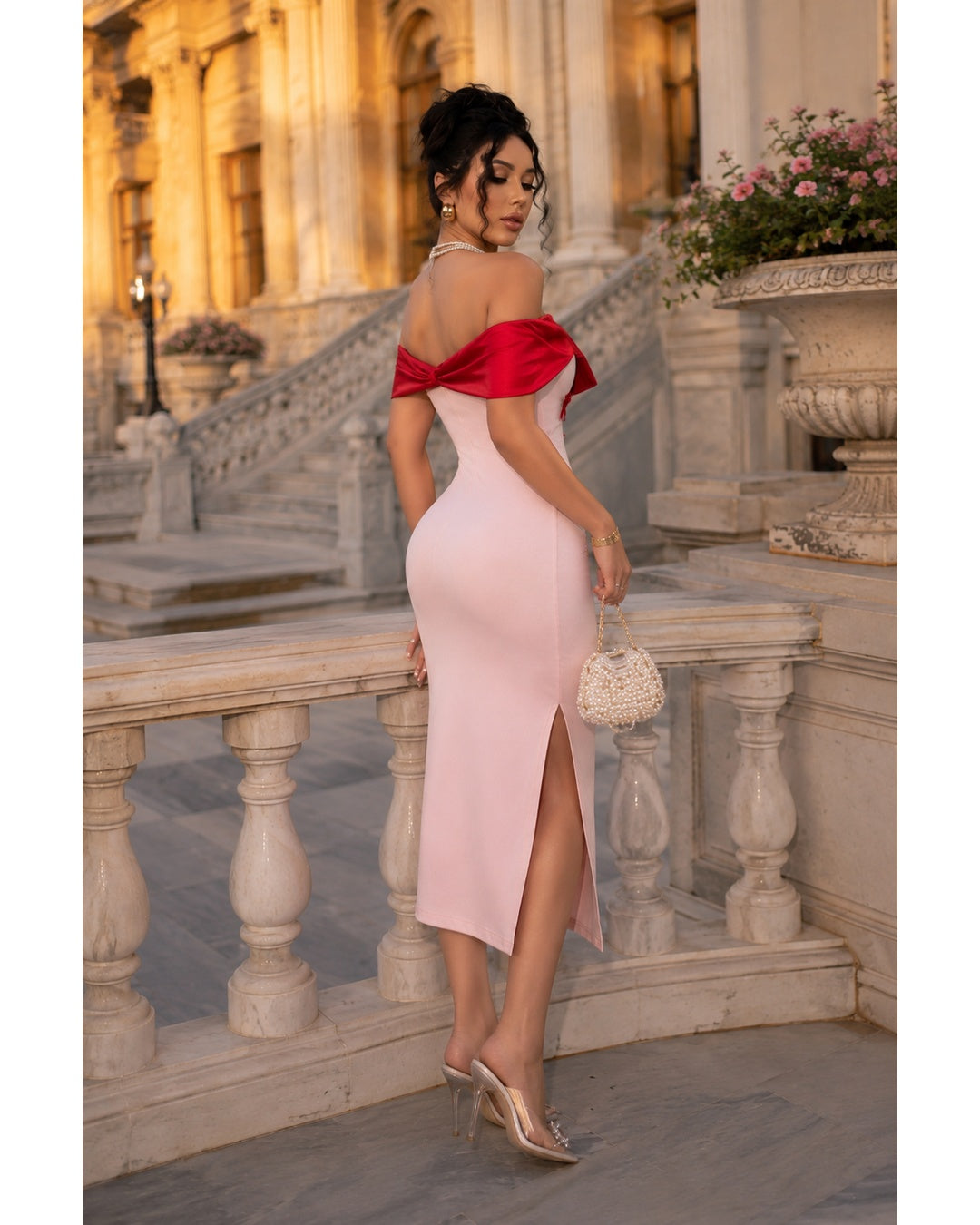 Women's Elegant Off Shoulder Midi Dress With Bow Details
