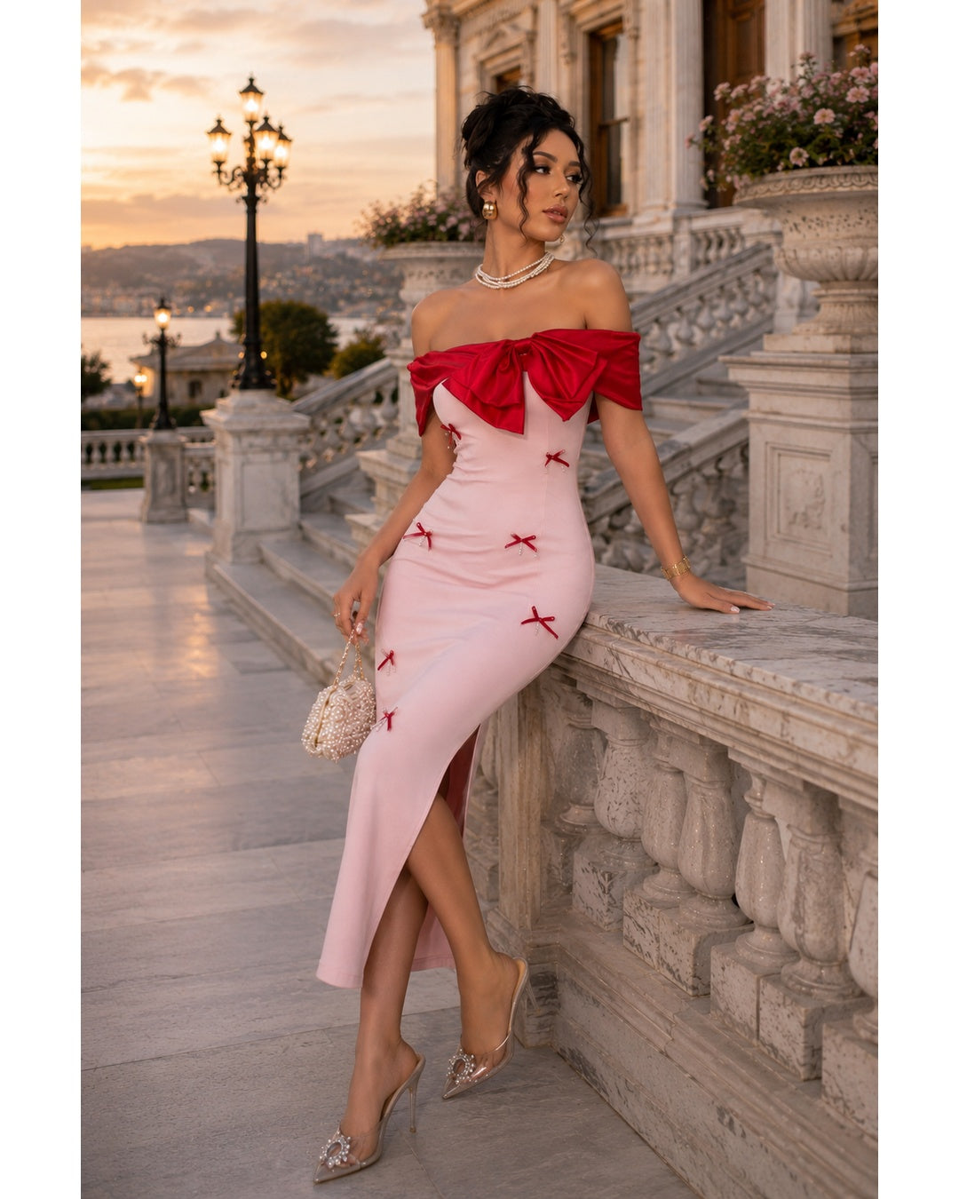 Women's Elegant Off Shoulder Midi Dress With Bow Details